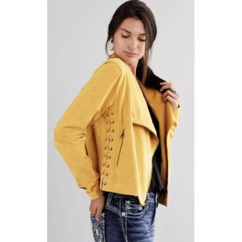 WILLOW ROOT Women Jacket Faux Suede‎ Cropped Moto Long Sleeve Sz L Yellow c-25